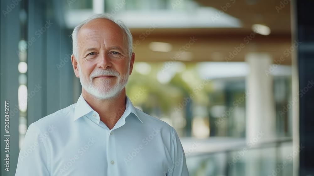 Naklejka premium Portrait of successful senior businessman consultant looking at camera and smiling inside modern office building