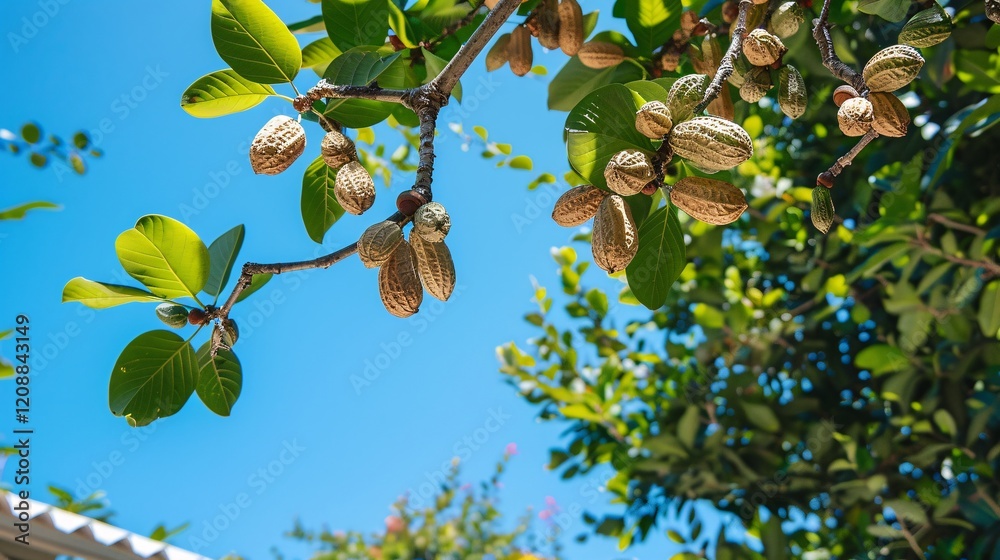 Fototapeta premium Peanut-filled branches of a tree in a garden, clear sky above
