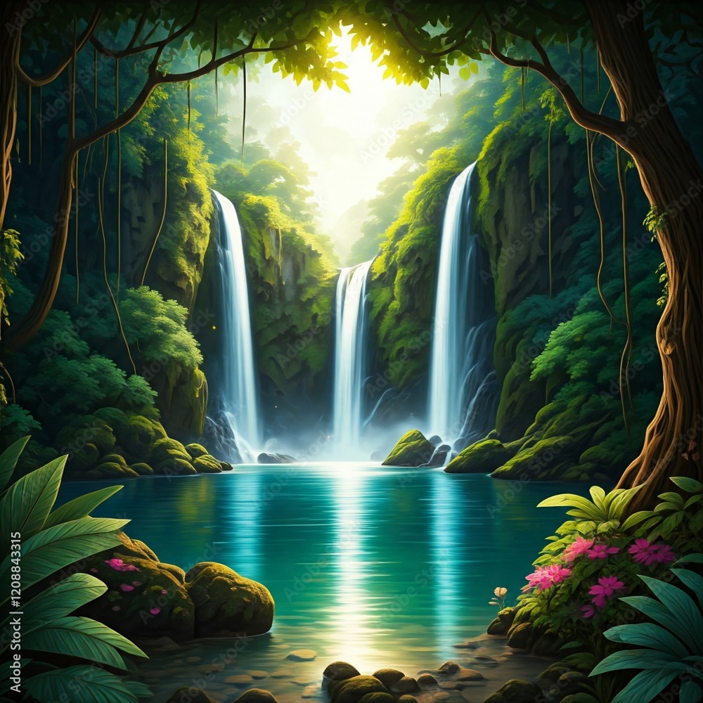 serene jungle landscape with two tall, majestic waterfalls Cascading waterfalls. serene jungle landscape with two tall, majestic waterfalls Cascading waterfalls.