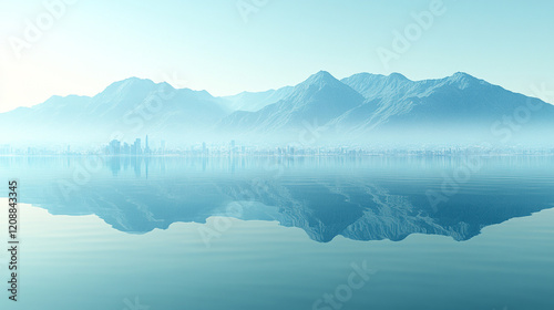 Fototapeta Naklejka Na Ścianę i Meble -  The reflection of mountains in a crystal-clear lake at dawn blending nature's serenity with modern technology through a blurred digital device showing growth trends with empty caption space for text

