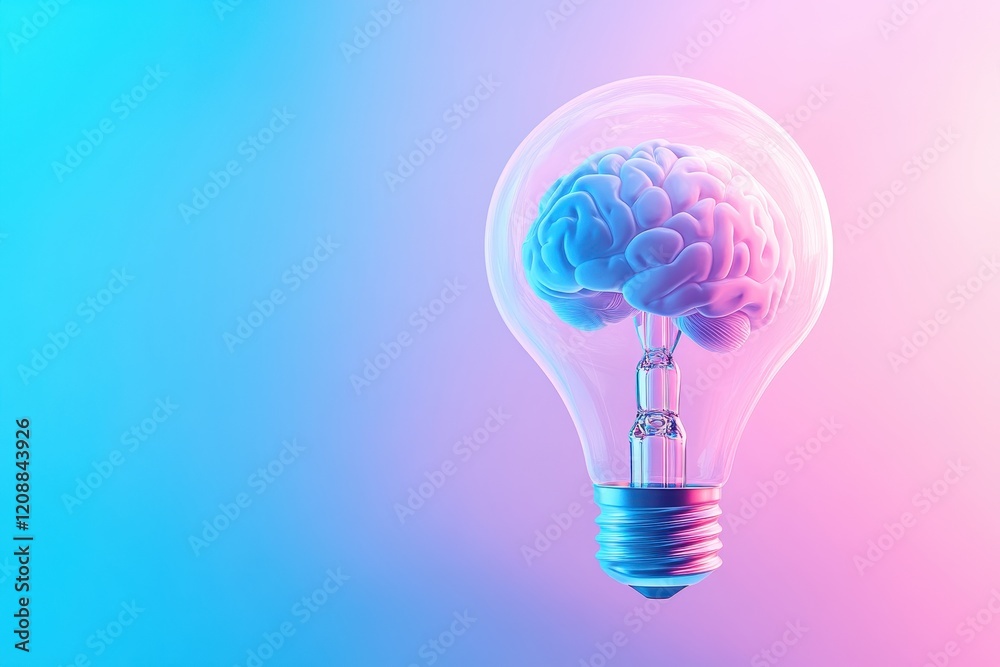 3D render of a brain inside a lightbulb, vibrant blue and pink backdrop. Illustrates ideas, intelligence, and innovative thinking. 3D render of a brain inside a lightbulb, vibrant blue and pink backdrop. Illustrates ideas, intelligence, and innovative thinking.