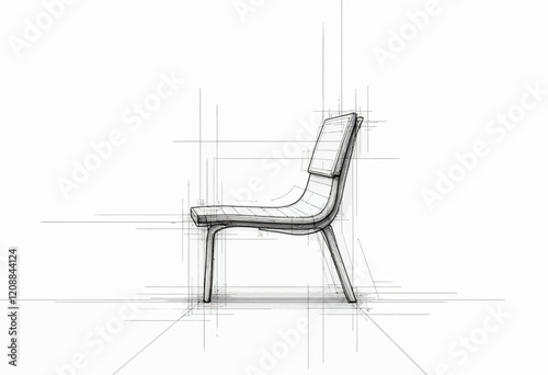 Structuralist Seat: Postmodern Line Drawing, Single, Minimalist Design, Vector Illustration, Abstract Form, Simple Lines, Architectural Sketch, Modern Style, Clean.

