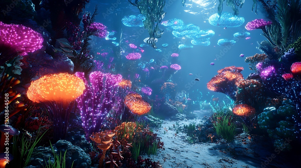 Fototapeta premium Bioluminescent Underwater Forest with Glowing Coral and Jellyfish