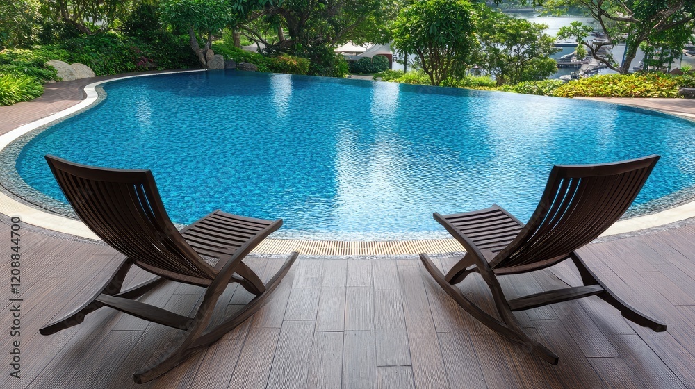 A pair of poolside deck chairs facing a large, inviting swimming pool. A pair of poolside deck chairs facing a large, inviting swimming pool.