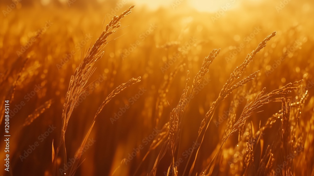 Obraz premium Rice growing in the fields, close-up of rice grains, a farmhouse harvest scene in China, warm colors, rice ears swaying in the wind, clear details.