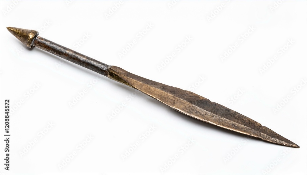 Ancient bronze arrowhead, sharp point, aged patina, historical artifact. Ancient bronze arrowhead, sharp point, aged patina, historical artifact.