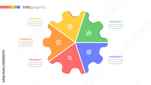 Process Visualization. Colorful 5 options gear infographic template and marketing icons. Can be used for workflow diagram, info chart, annual report.