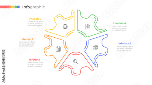 5 section gear infographic with colorful segments with marketing icons for planning. Vector illustration.