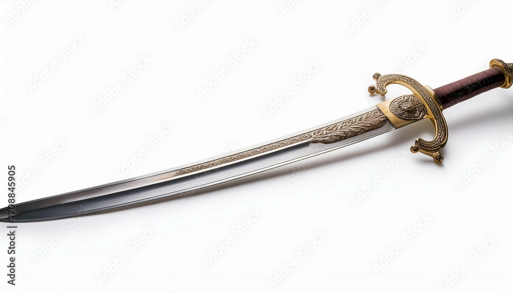 Ornate sword with intricate details, a gleaming blade, and a rich brown handle. Ornate sword with intricate details, a gleaming blade, and a rich brown handle.