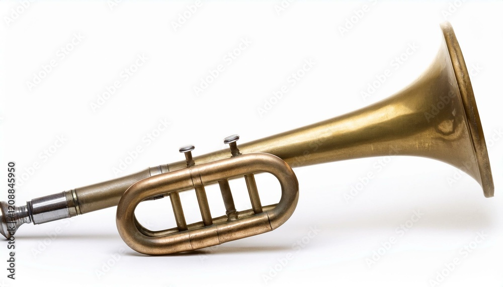 Obraz premium Antique brass trumpet rests gently on a white background.