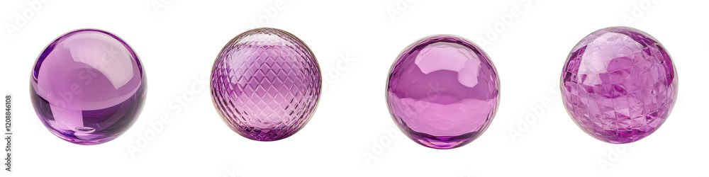 A collection of translucent faceted amethyst orbs in various shades of purple and violet displayed against a plain background for use in luxury fashion or interior design settings These geometric A collection of translucent faceted amethyst orbs in various shades of purple and violet displayed against a plain background for use in luxury fashion or interior design settings These geometric
