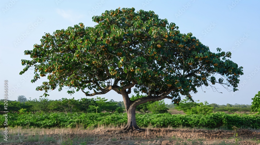 Peanut-laden tree in a plantation, clear sky behind Peanut-laden tree in a plantation, clear sky behind