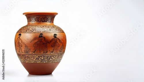 Ancient Greek terracotta vase with intricate black figure designs. photo