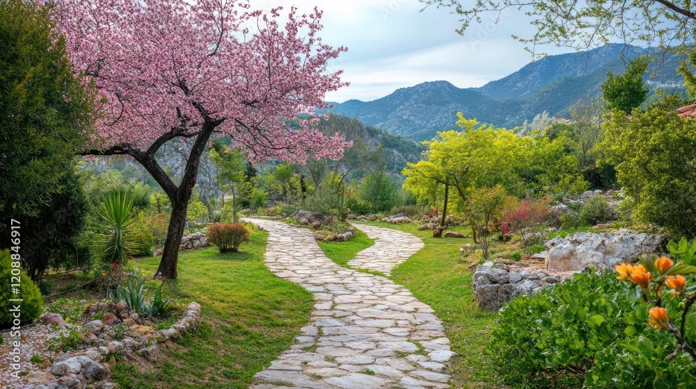 Serene Spring Garden Path, Mountain View Serene Spring Garden Path, Mountain View