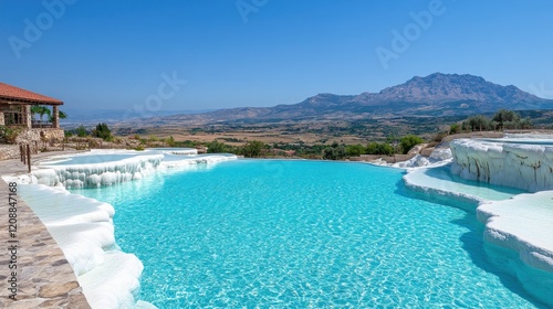 Turkish Pamukkale hot spring pool with mountain view photo