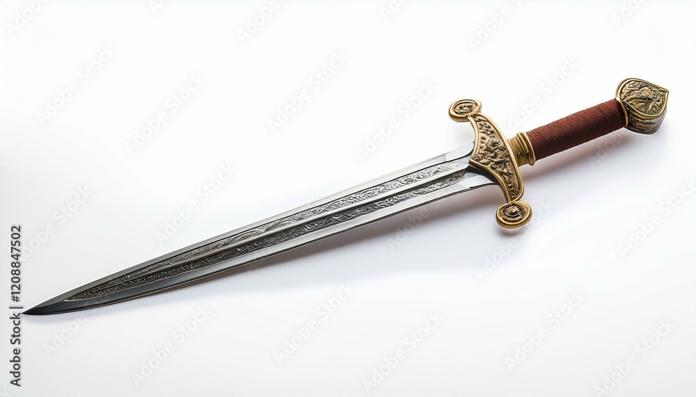 Ornate dagger with etched blade and gold accents. Ornate dagger with etched blade and gold accents.
