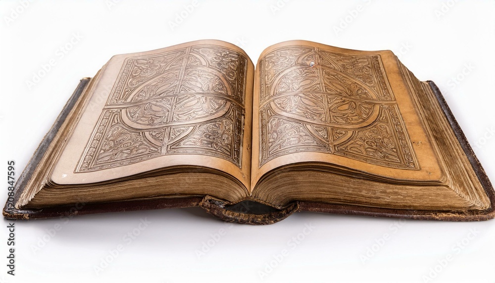 Fototapeta premium Antique book with intricate detailing lies open, revealing aged pages and a rich leather cover.