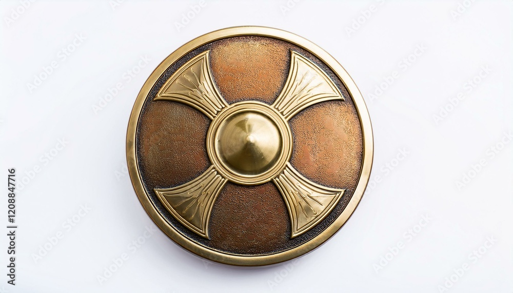 Ornate bronze shield with a cross design. Ornate bronze shield with a cross design.