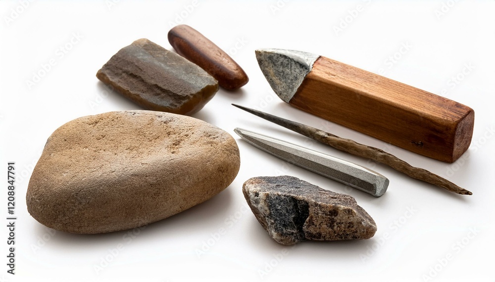 Fototapeta premium Ancient tools and stones on white background.