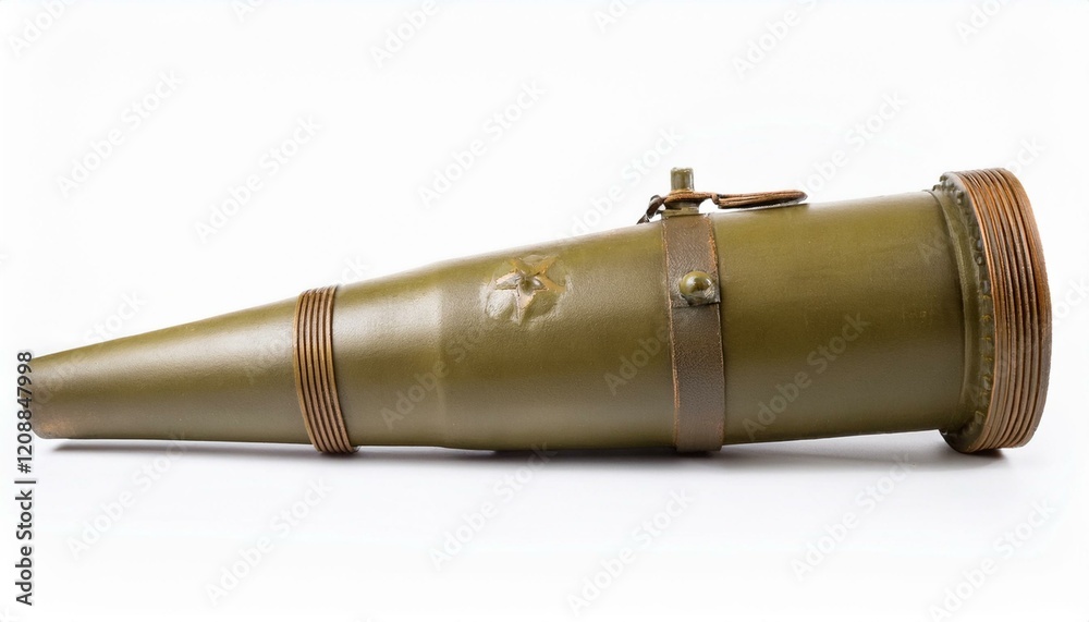 Fototapeta premium Close-up of a vintage military projectile, showcasing its olive-green casing and metallic accents.