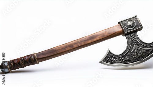 Ornate double-bit axe with a wooden handle. photo