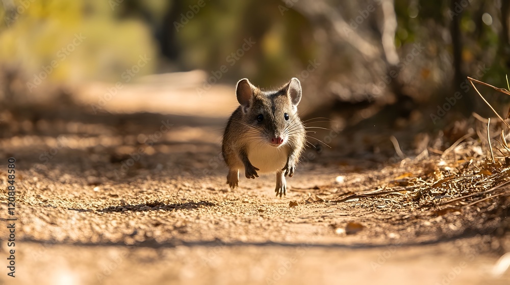 Fototapeta premium Bandicoot with a white spot on its face running down a dirt road