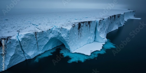 Majestic glacier cliff, a breathtaking icy landscape. Teal waters meet the colossal ice wall; a serene, yet powerful scene.