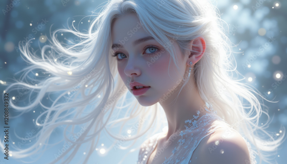 Ethereal Moonlit Spirit with Flowing Hair Ethereal Moonlit Spirit with Flowing Hair