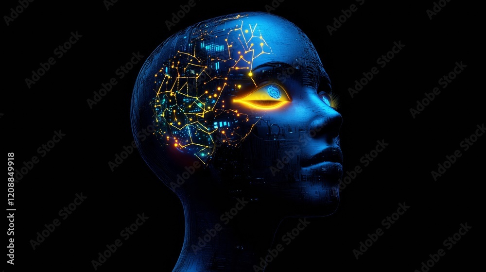 Side view of a humanoid head with blue and yellow eyes and vibrant neon neural network, representing futuristic technology and artificial intelligence. Generative AI Side view of a humanoid head with blue and yellow eyes and vibrant neon neural network, representing futuristic technology and artificial intelligence. Generative AI