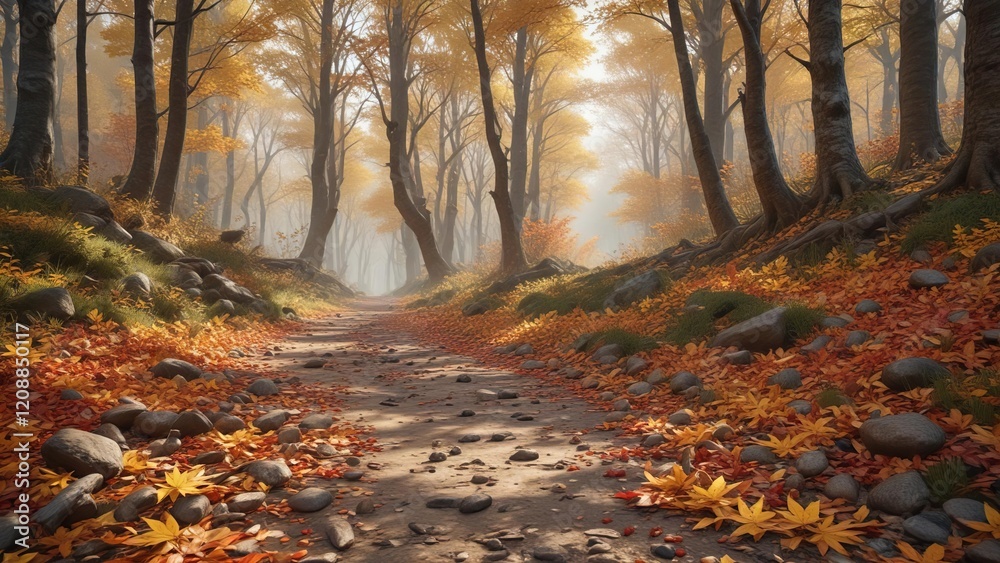 Fototapeta premium Leaf scattered forest path with fallen leaves, reds and yellows, golden hues, forest