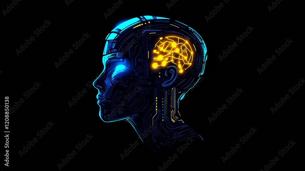 Side view of a humanoid head with blue and yellow eyes and vibrant neon neural network, representing futuristic technology and artificial intelligence. Generative AI Side view of a humanoid head with blue and yellow eyes and vibrant neon neural network, representing futuristic technology and artificial intelligence. Generative AI
