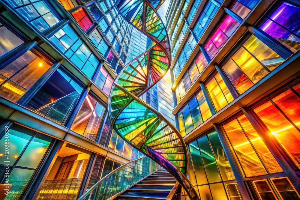 Modern building facade showcases abstract DNA sequencing: a colorful helix visualization interprets genetic code in architectural design. Modern building facade showcases abstract DNA sequencing: a colorful helix visualization interprets genetic code in architectural design.