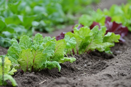 Vibrant green chard plants growing in rows. Illustrates healthy organic farming and fresh produce. photo