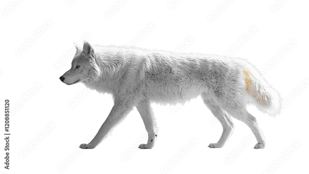 Fototapeta premium A white wolf is walking on a white background. The wolf has a brown tail. The image has a calm and peaceful mood
