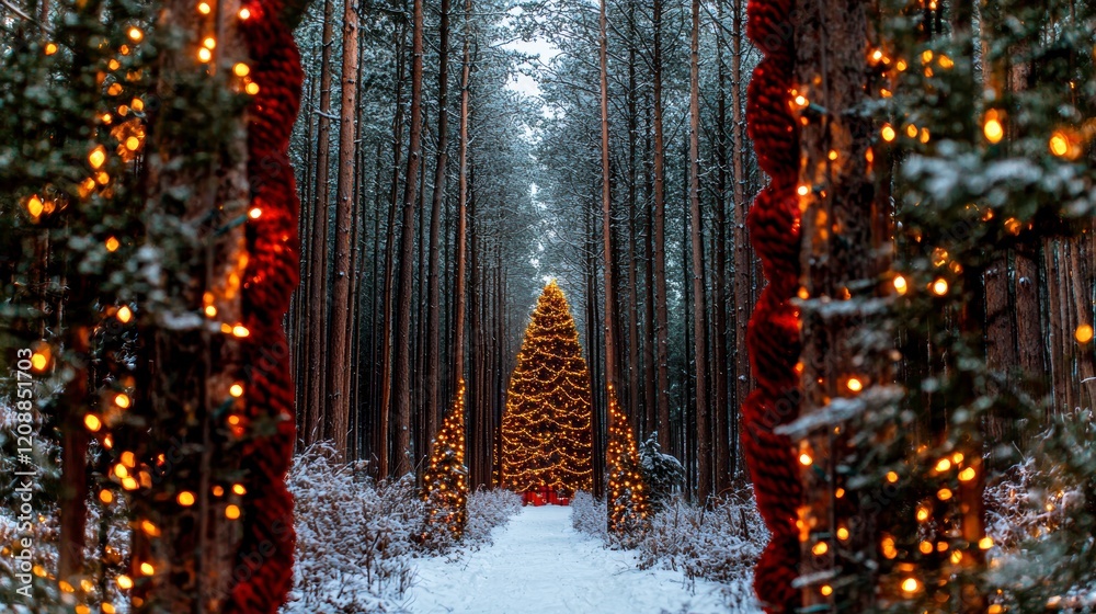 Obraz premium Magical Snowy Forest Path Christmas Tree Winter Wonderland Lights