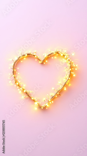 glowing heart shape made of warm fairy lights on soft pink background