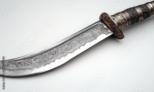 Ornate curved blade, engraved handle, elegant dagger. photo