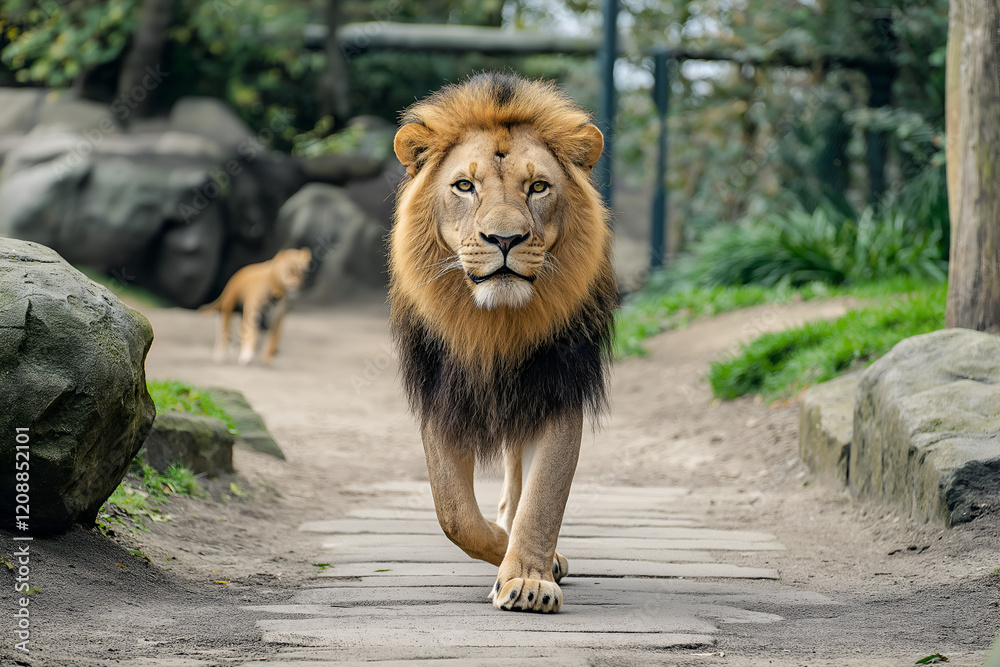 Naklejka premium The majestic lion, king of the jungle walking straight at the camera.