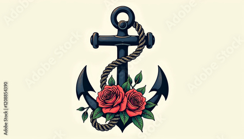 Classic Anchor with Rose Maritime Tattoo Design