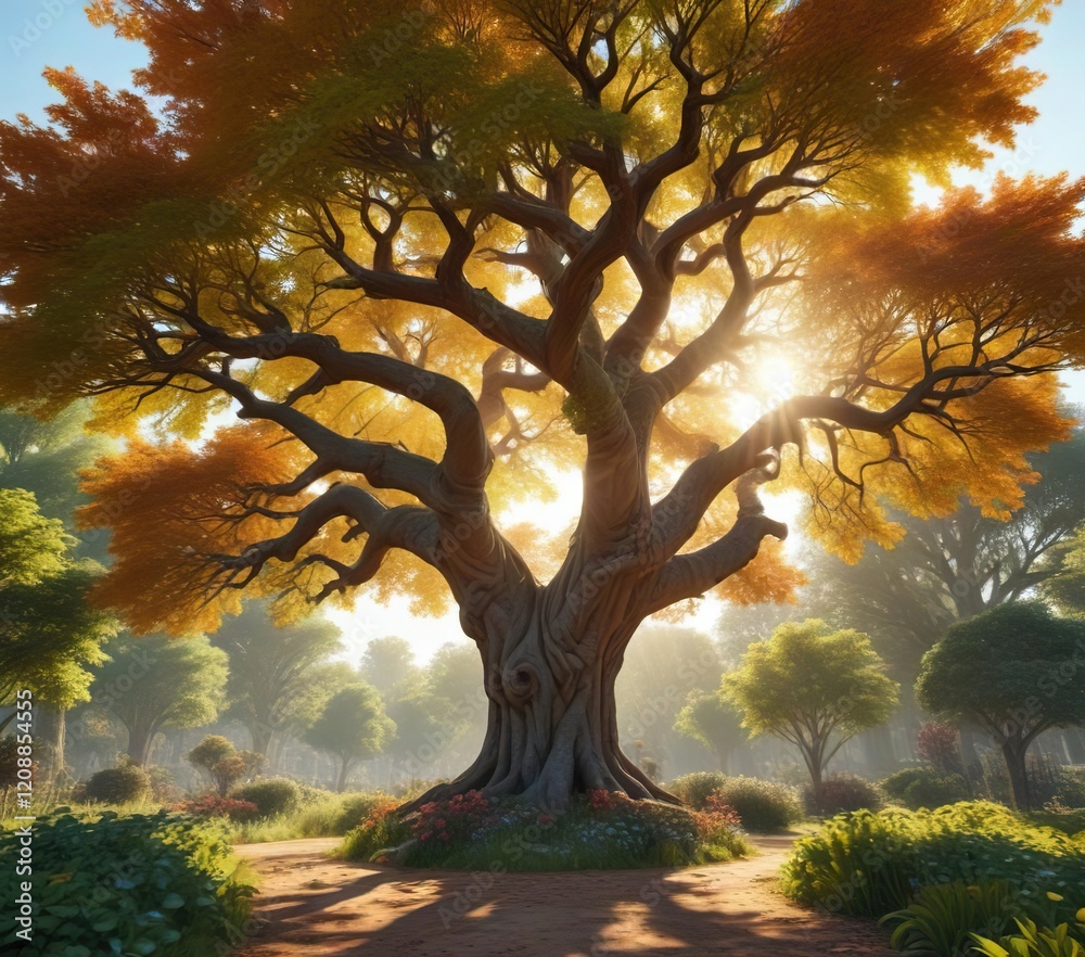Fototapeta premium Majestic tree dominates the garden with its broad canopy and strong limbs on a bright sunny day, nature, deciduous, evergreen