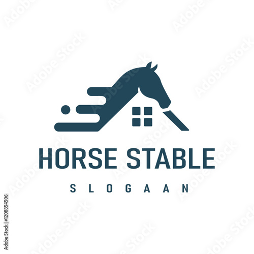 Fast Horse Silhouette Design Illustration with Horse Stable and House Logo Icon Symbol.