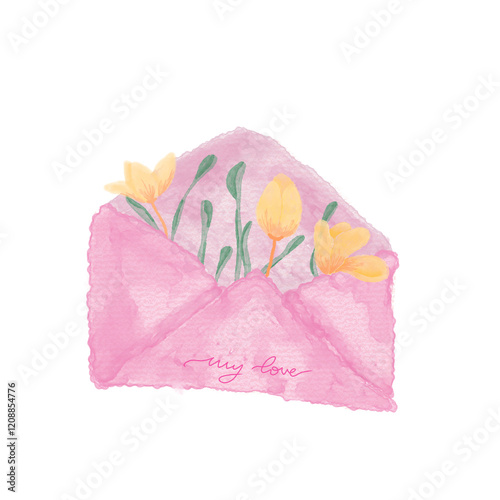Photos Watercolor pink envelope with flowers illustration