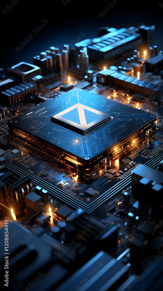 Fototapeta premium Digital technology blue and black 3d processor poster background