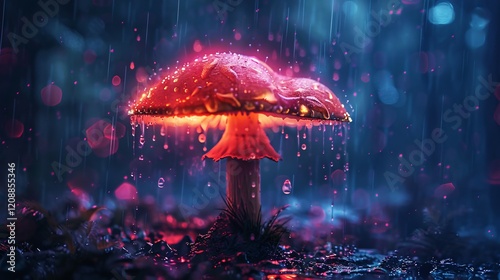 Luminous backlit glowing mushroom in a dark forest, with neon lights and water drops, hyperdetailed photo