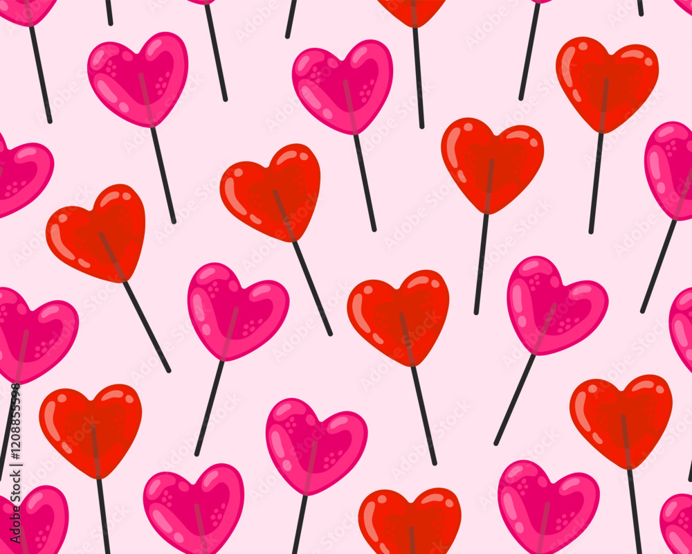 Seamless pattern for Valentine's day. Red and pink heart haped lollipops on a pink background. Symbols of love. Wrapping paper, textile.