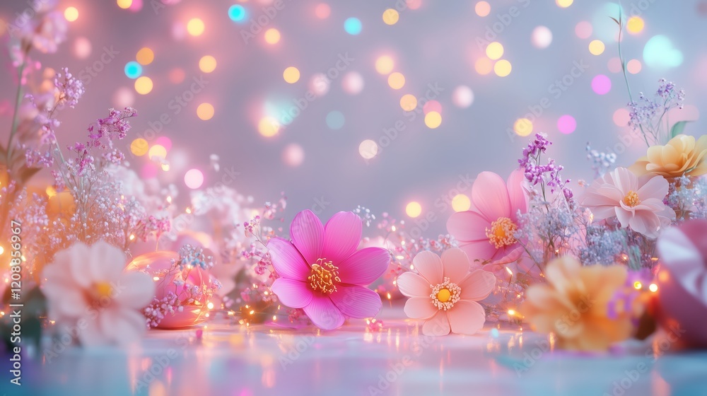 The image showcases a whimsical birthday celebration scene. It features three-dimensional pastel-colored empty space, decorated with small flowers. The image showcases a whimsical birthday celebration scene. It features three-dimensional pastel-colored empty space, decorated with small flowers.