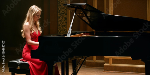 Young female pianist performs romantic classical composition on grand stage, captivating the audience