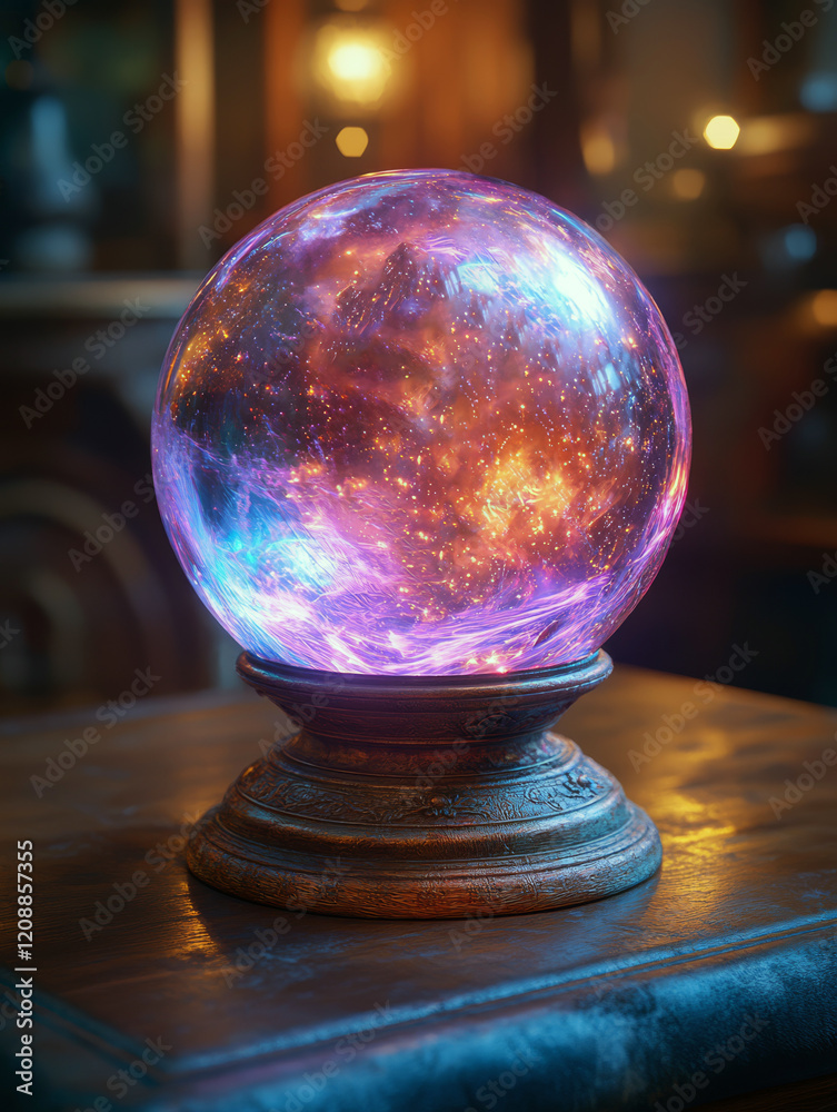 A glowing crystal ball rests on a richly textured dark wooden table, casting colorful lights that hint at predictions, shrouded in mystery during a silent ritual of divination A glowing crystal ball rests on a richly textured dark wooden table, casting colorful lights that hint at predictions, shrouded in mystery during a silent ritual of divination
