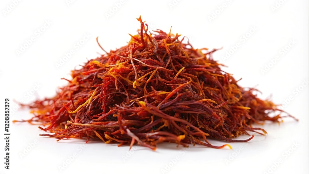 Naklejka premium Saffron isolated on white background, spice, herb, cooking, ingredient, close-up, yellow, red, threads
