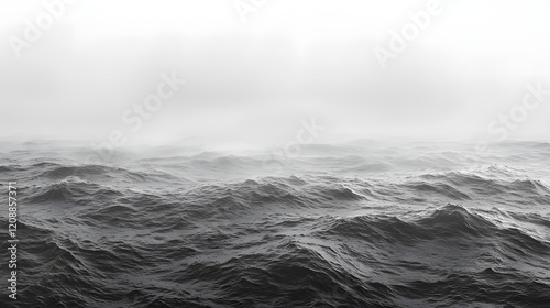 a dramatic black and white photo of the ocean, shrouded in thick mist. The waves crash against each other, creating a sense of powerful movement and mystery